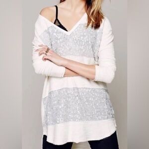 Free People Sequin Colorblock V Neck Tunic Sweater Sz Large